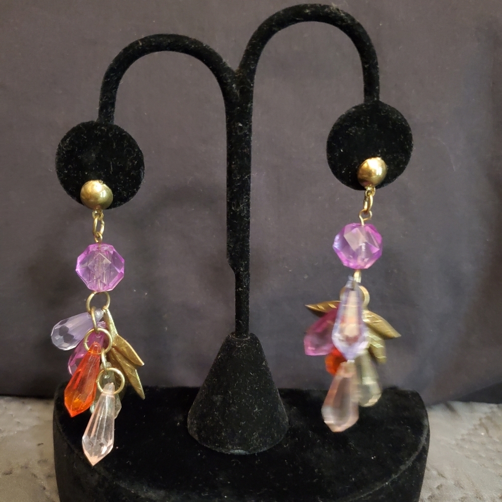 Vintage 80s Maple Leaf & Faux-Crystal Earrings - Picture 2 of 8